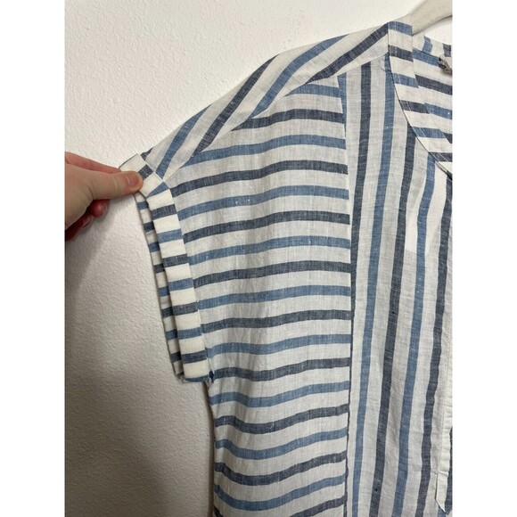 Two by Vince Camuto Medium Woven Striped Tunic Top Blue Linen Cuffed Cap Sleeve - Picture 5 of 12